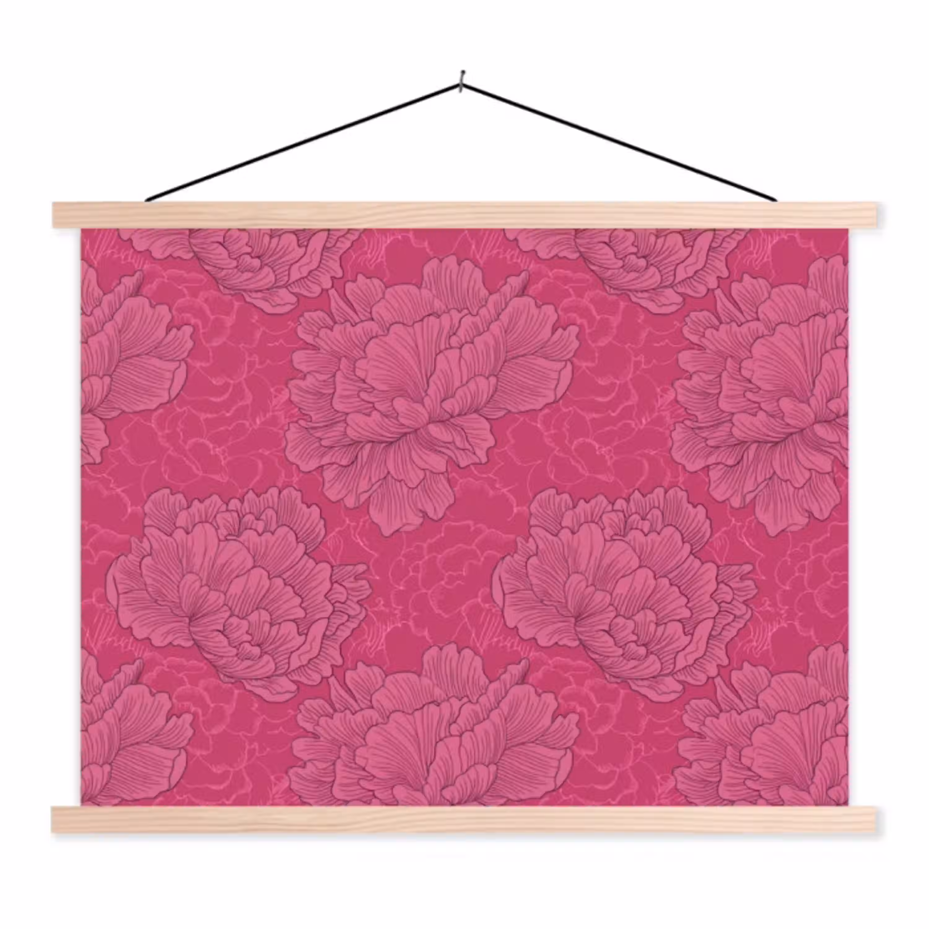 Pioenrozen - Energiek - Roze textielposter latten blank klein 122 -3d
