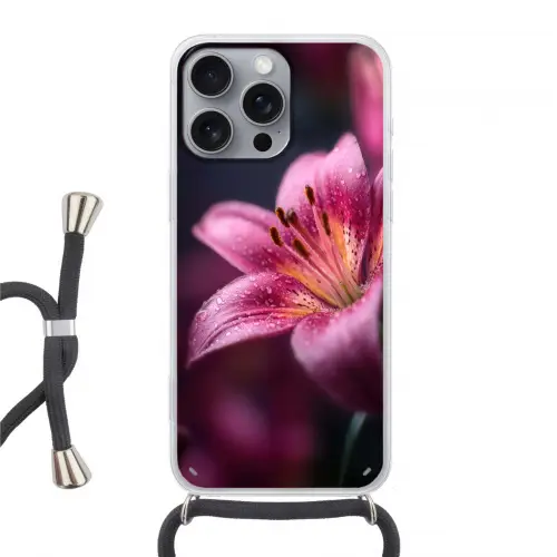 Roze - lelie - Dauwdruppels Hoesje iPhone 16 Pro Max met koord klein -3d