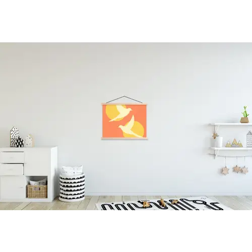 Vogels - Cirkels - Geel textielposter latten blank klein -kinderkamer
