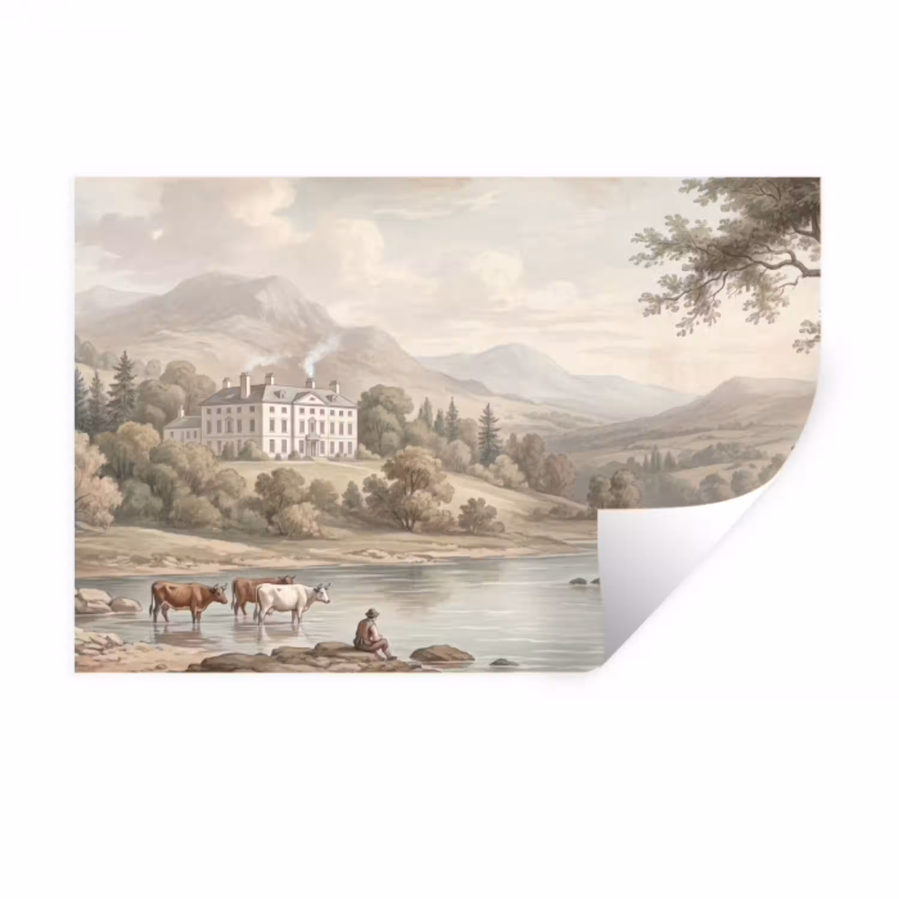 Landhuis - Rivier - Vee Muursticker klein -3d