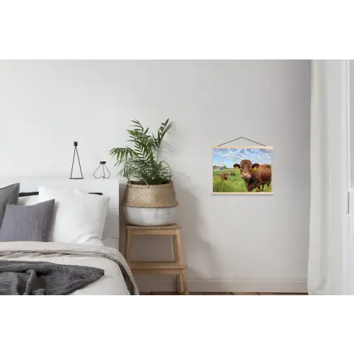 Koe - Weide - Bloemen textielposter latten blank klein -woonkamer