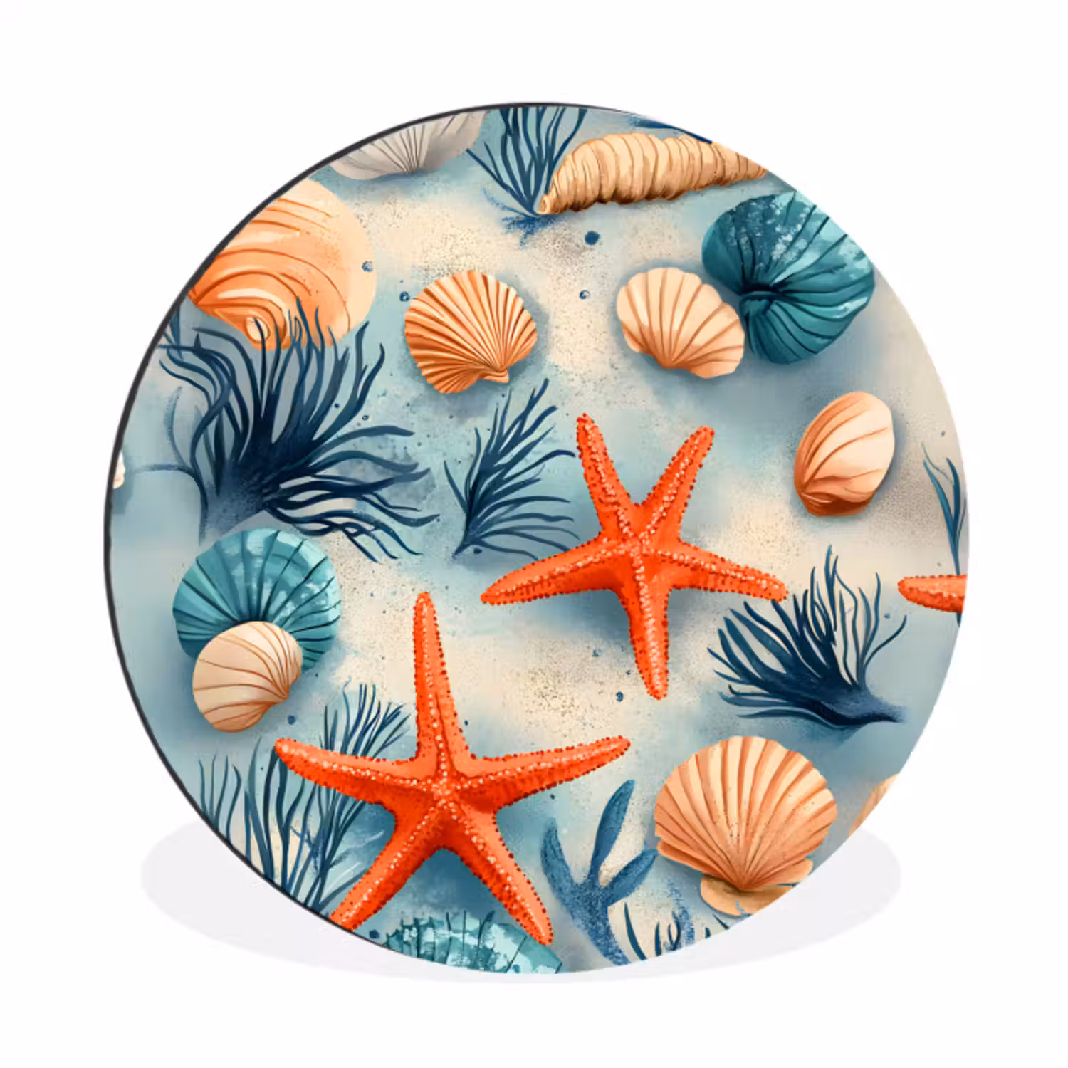 Wandcirkel - aluminium - Zeesterren - Schelpen - Illustratie - Zand