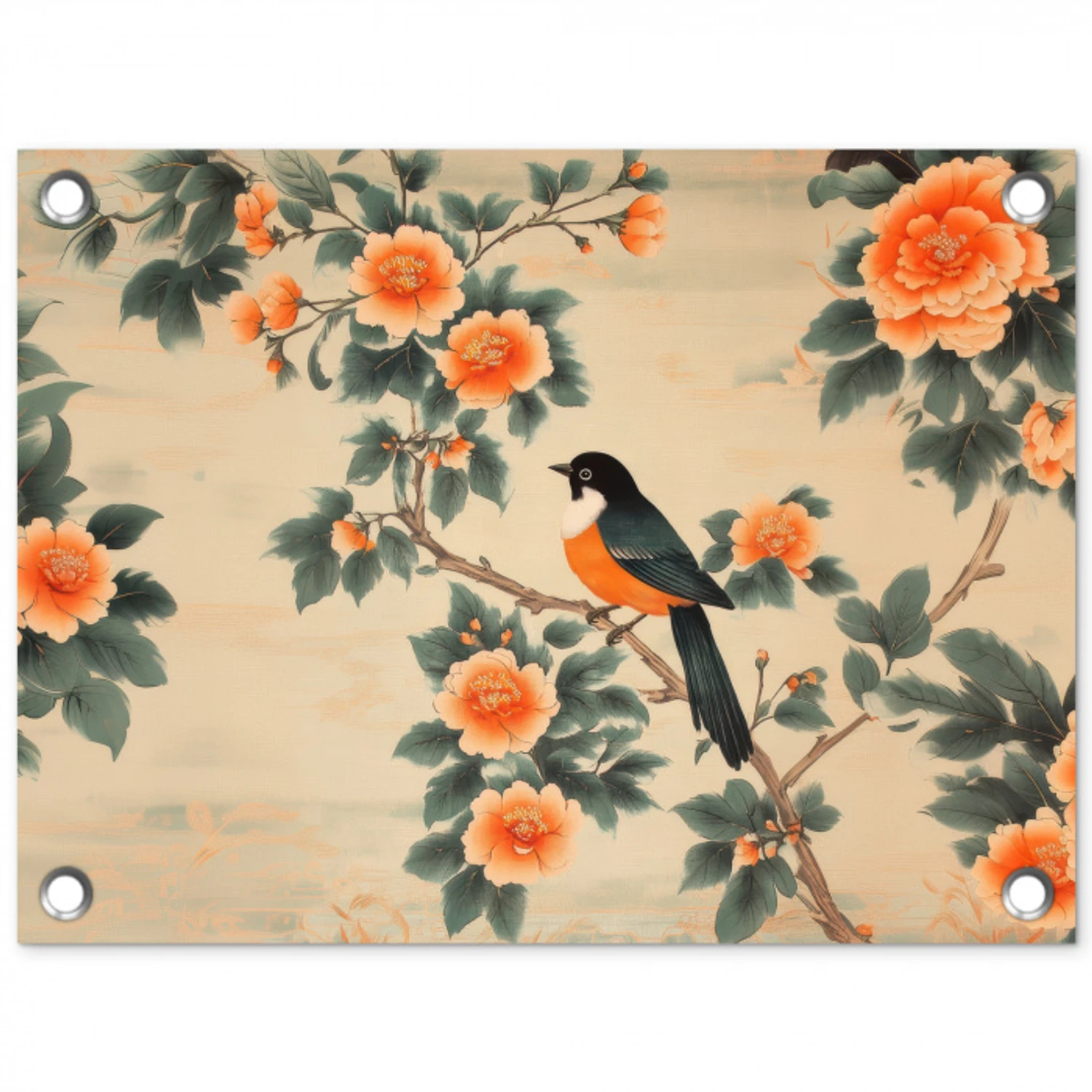 Vogel - Tak - Bloemen - Oranje tuinposter los doek klein -3d