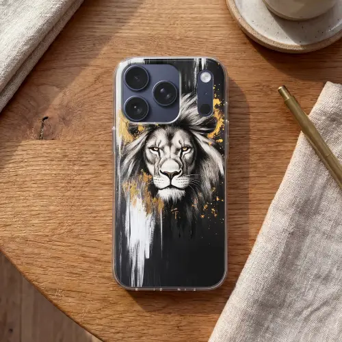 Leeuw - Portret - Verfspatten - Grijs Telefoonhoesje iPhone 17 Pro klein -sfeer1