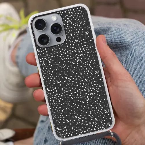 Terrazzo -  Patroon - Zwart - Wit Hoesje iPhone 16 Pro Max met koord klein 804 -sfeer3