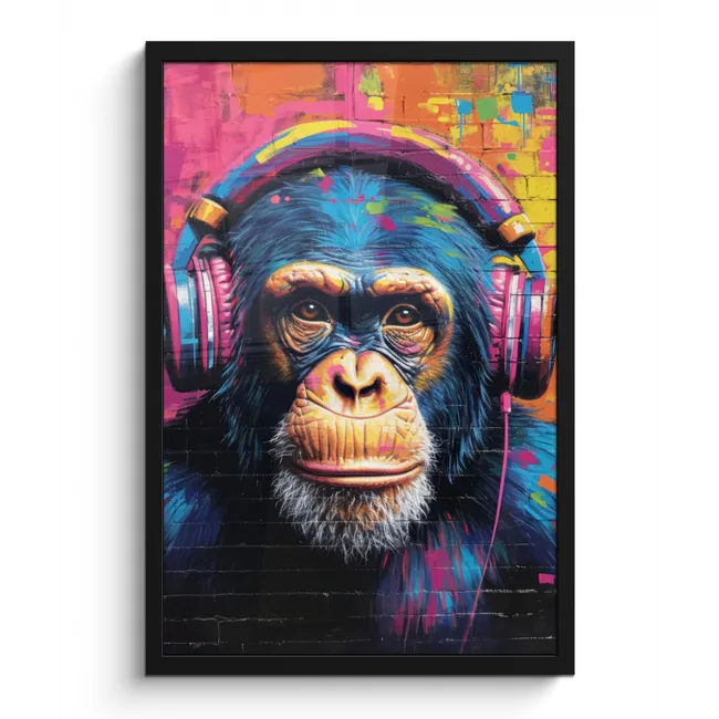 Poster met lijst - Graffiti - Chimpanzee - Street art - Koptelefoon - Aap