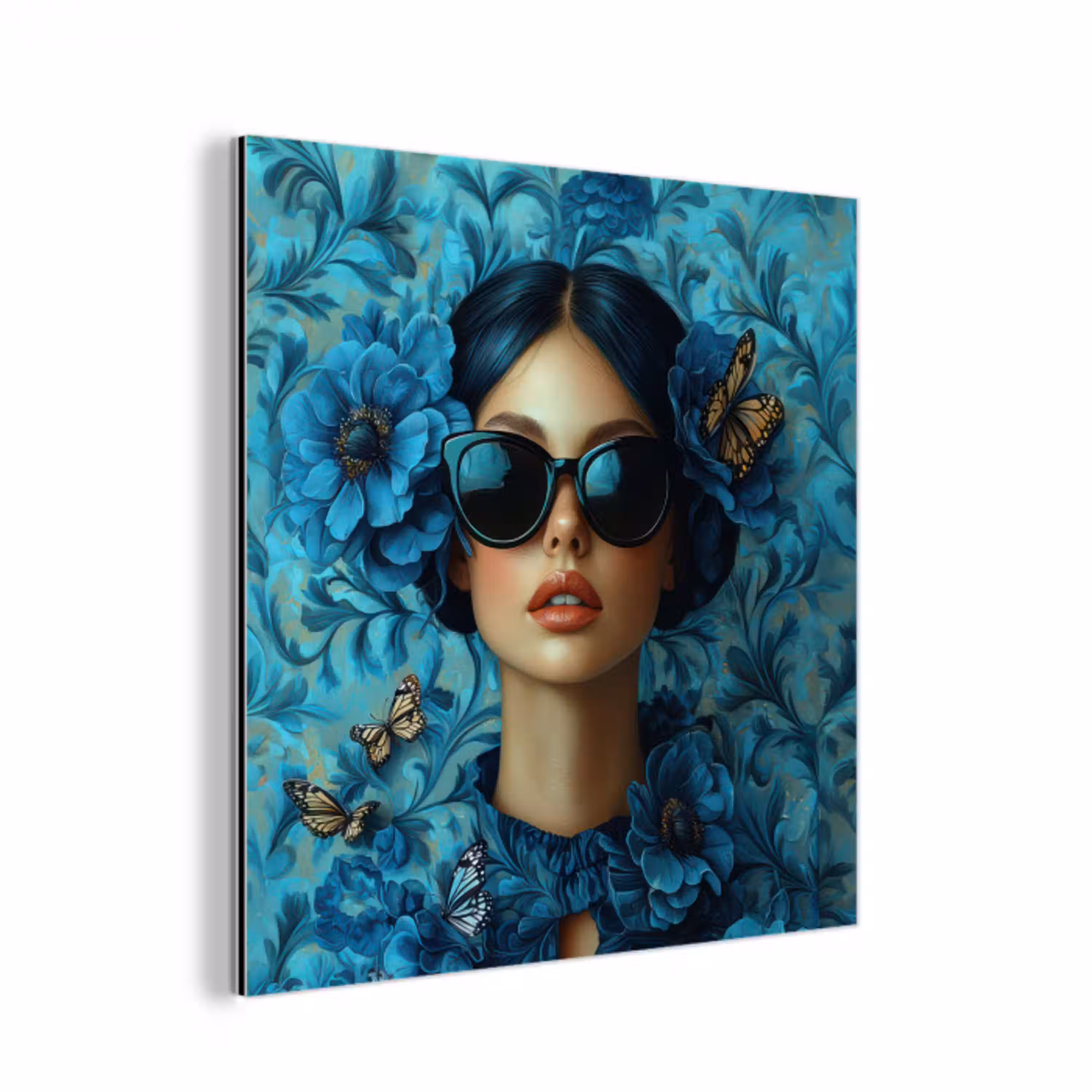 Vrouw - Bloemen - Vlinders - Blauw - Abstract aluminium wit klein -3d
