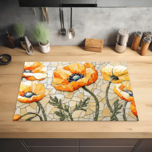 Klaprozen - Oranje - Mozaïek - Bladeren Inductie beschermer vinyl 3mm klein -sfeer5
