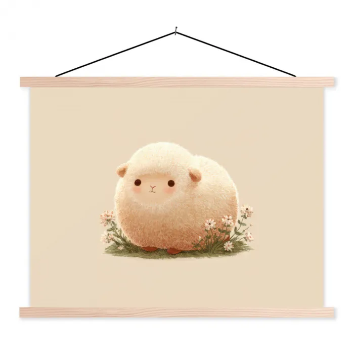 Schaap - Beige - Bloemen textielposter latten blank klein -3d
