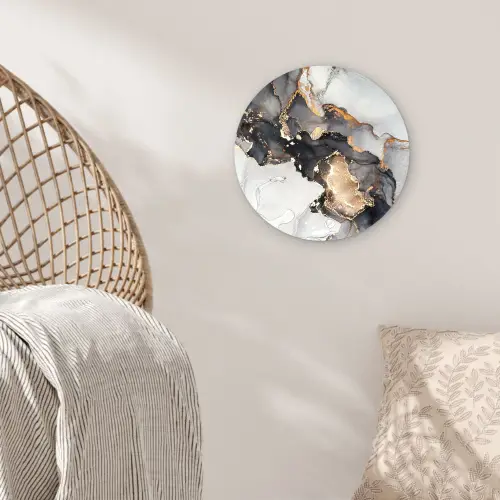Marmer - Goud - Abstract - Zwart Wit - Luxe Wandcirkel kunststof plaat 5mm dik klein -sfeer5