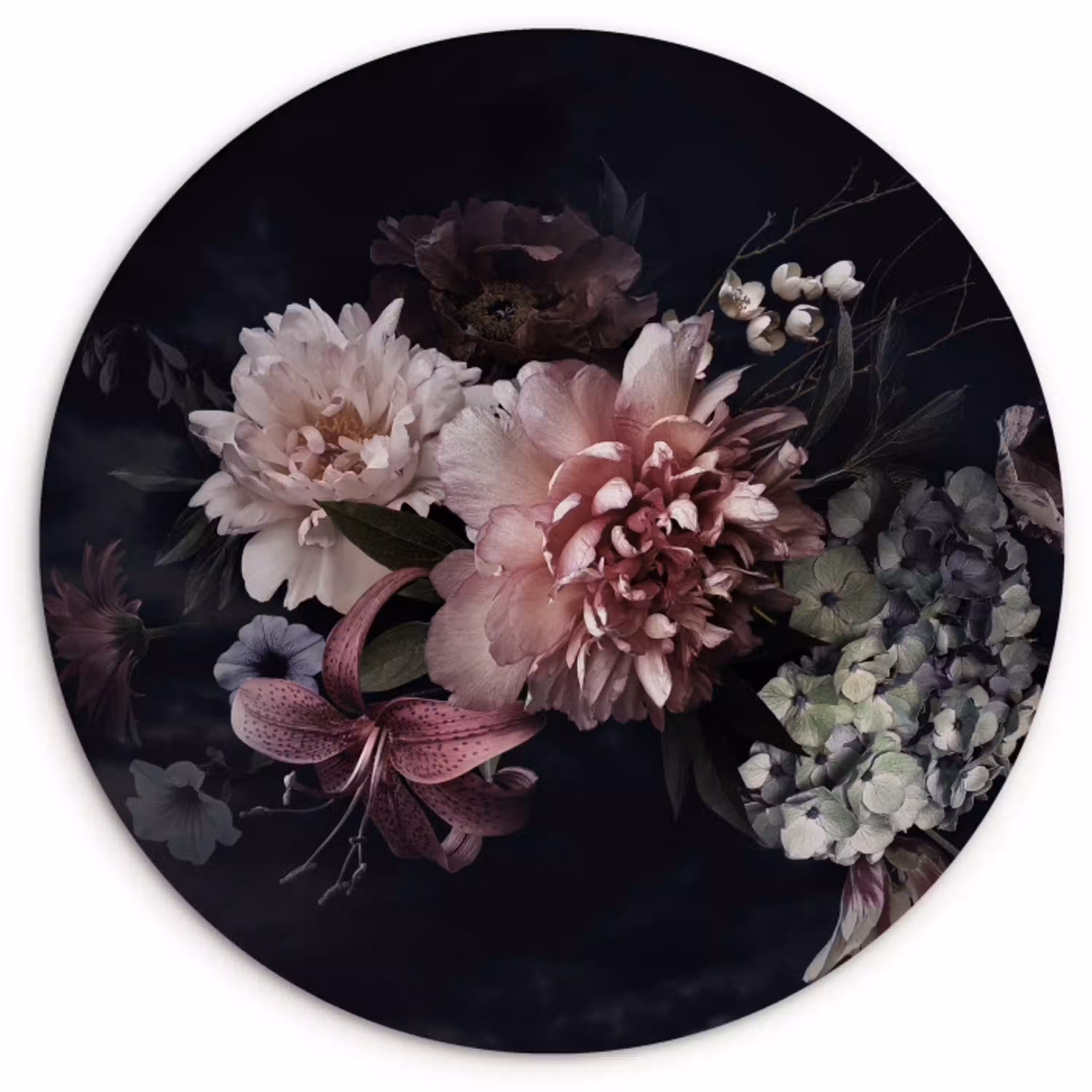 Bloemen - Vintage - Pastel - Zwart - Boeket Wandcirkel kunststof plaat 5mm dik klein -3d