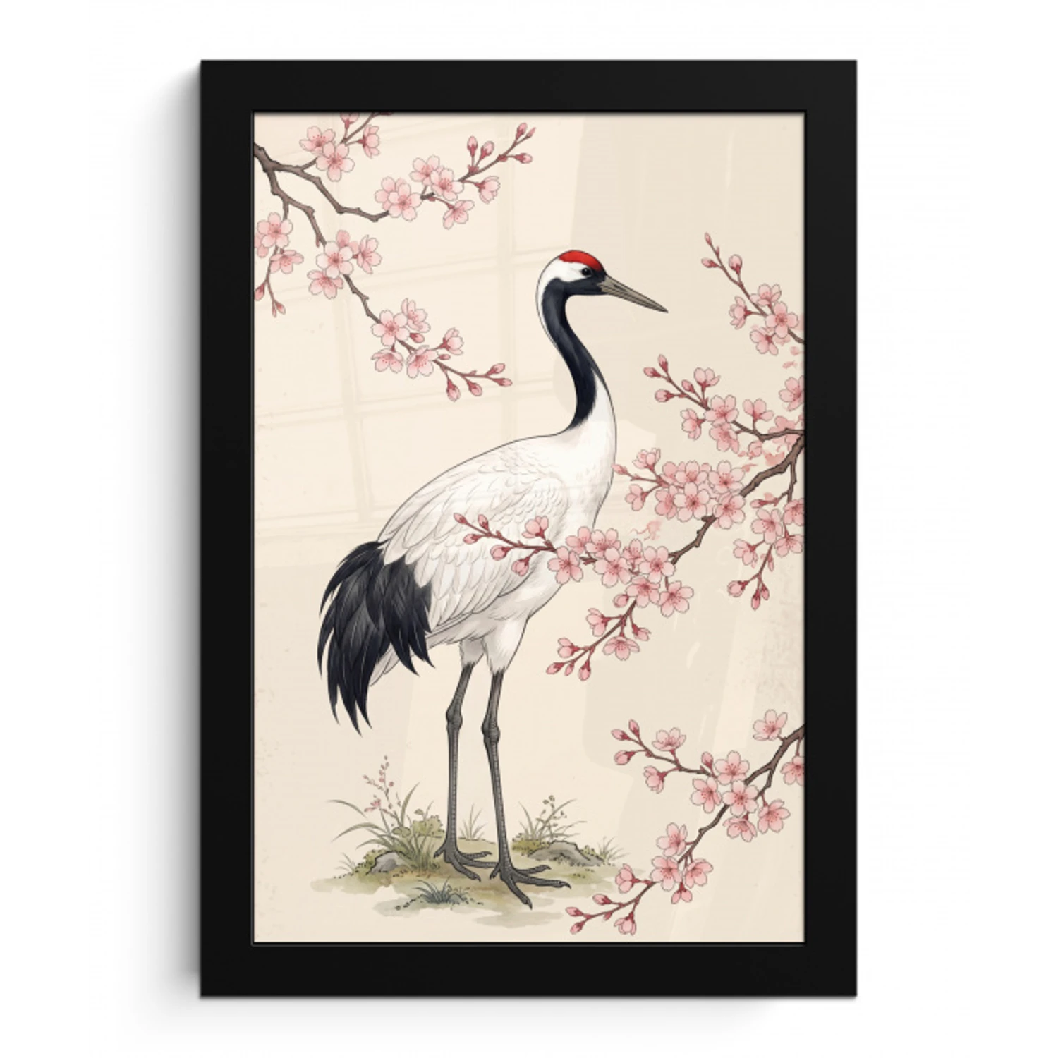 Aziatisch - Kraanvogel - Beige fotolijst zwart zonder passe partout klein -3d