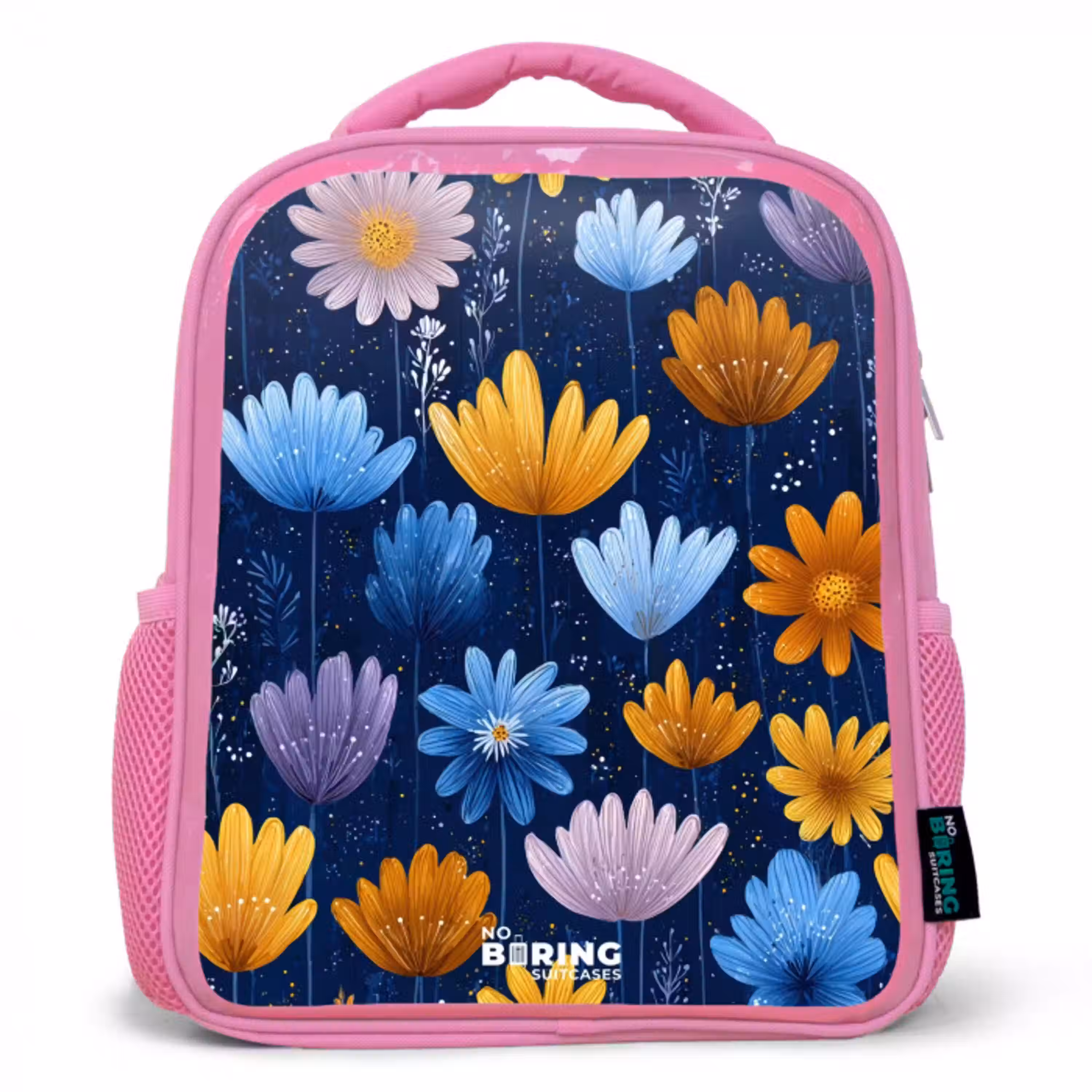 Bloemen op een donkerblauwe achtergrond Kinderrugzak - Roze middel -3d