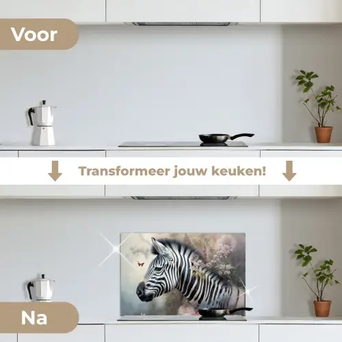 Zebra - Wilde dieren - Vlinder - Bloemen keuken achterwand spatscherm klein -voor_na_NL