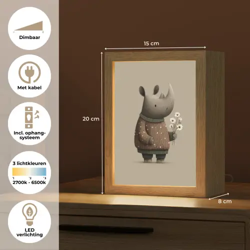 Neushoorn - Witte bloemen - Lief Light Box met kabel klein -USP_NL
