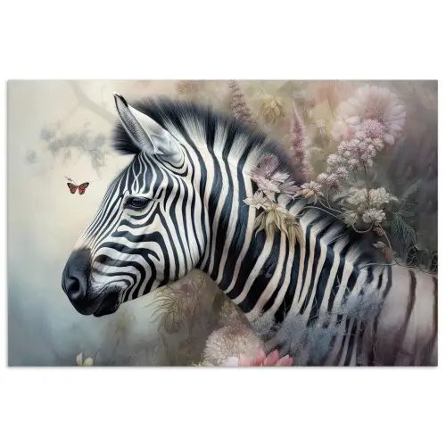 Zebra - Wilde dieren - Vlinder - Bloemen poster papier klein -3d
