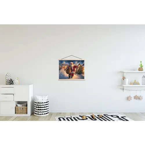 Kerstman - Dorp - Hert - Donker textielposter latten blank klein -kinderkamer