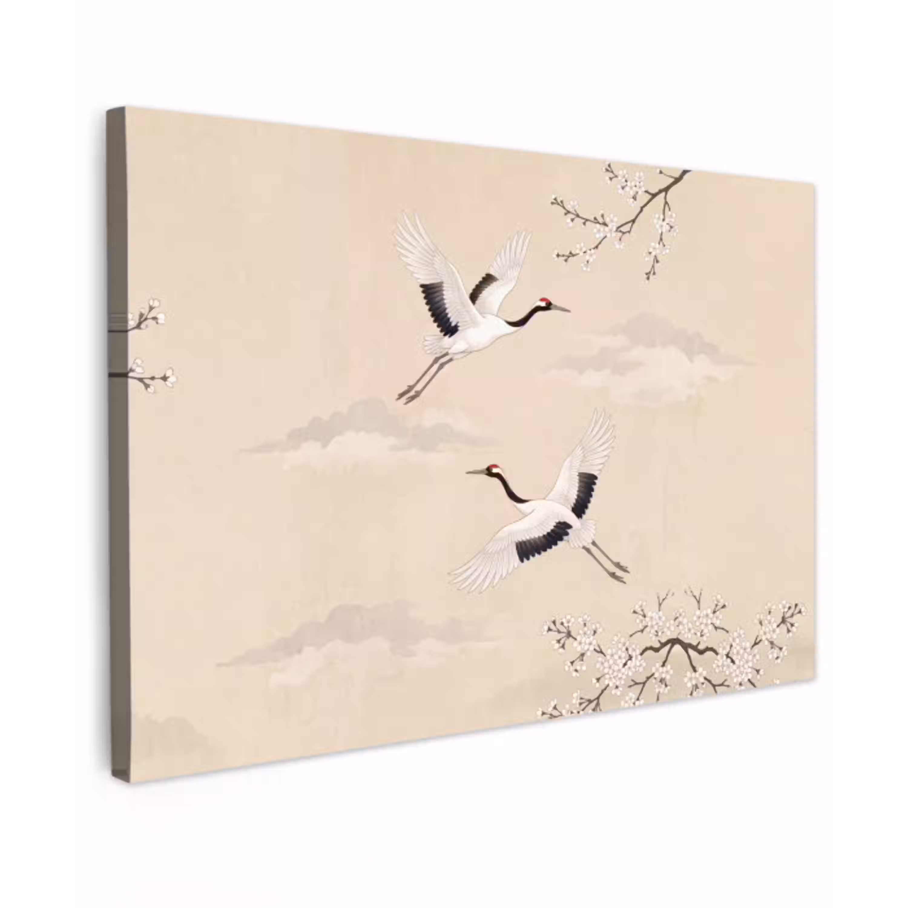 Kraanvogels - Bloesem - Beige Tuinposter op houten frame 2 cm dik klein -3d