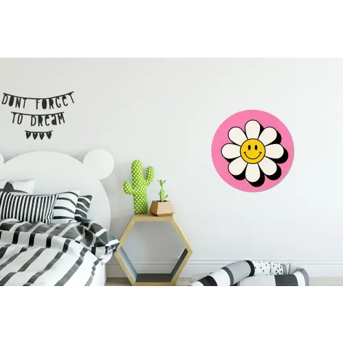 Smiley - Bloem - Roze Wandcirkel aluminium klein -kinderkamer