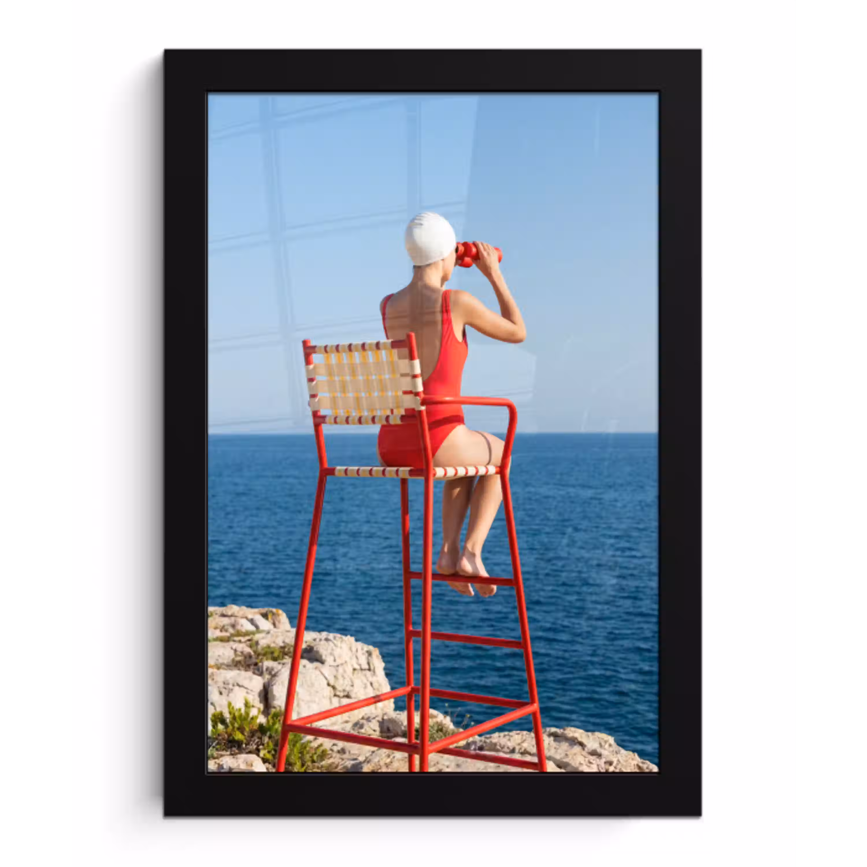 Vrouw - Zee - Kust - Verrekijker - Rood fotolijst zwart zonder passe partout klein -3d