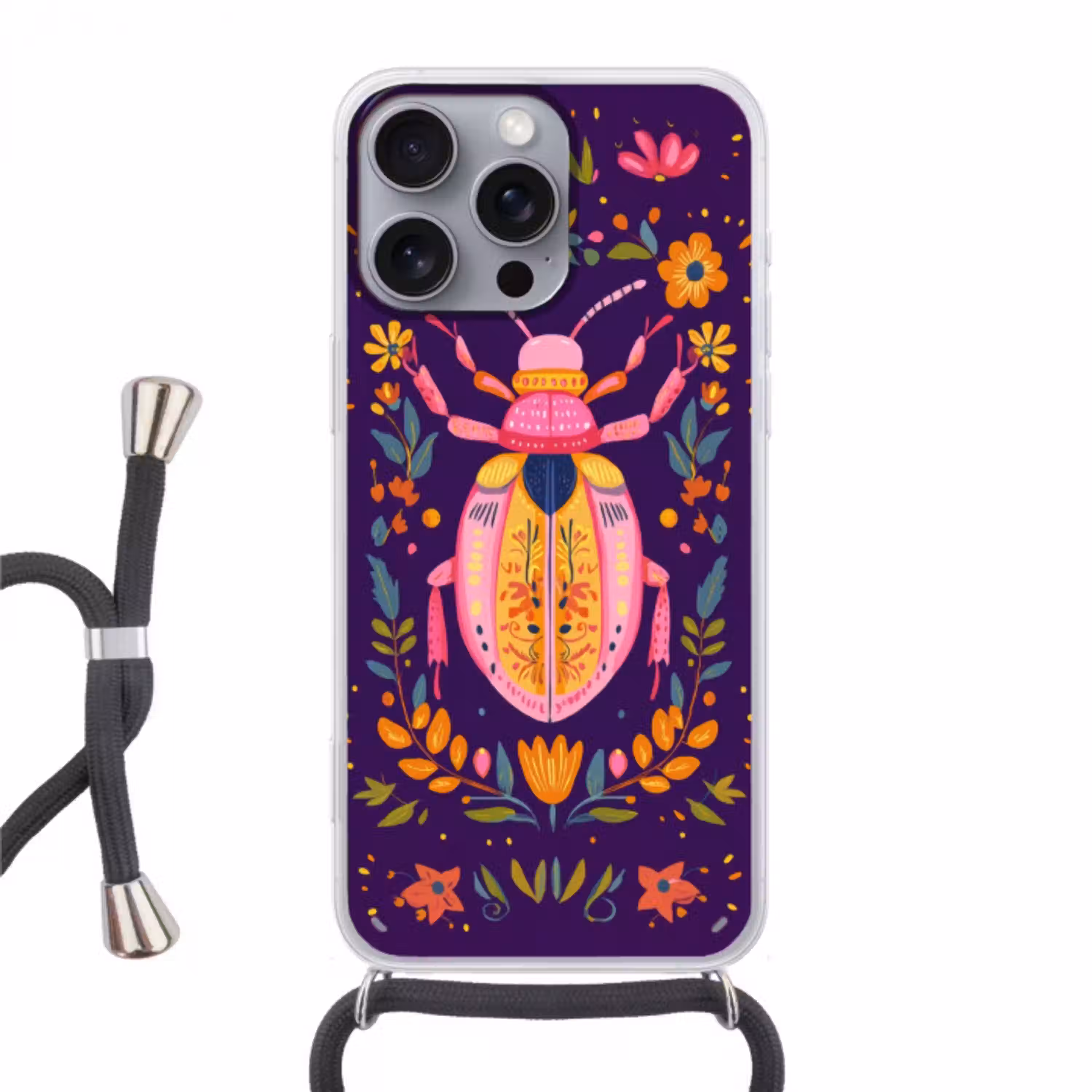 Kever - Felgekleurd - Bloemen - Bladeren Hoesje iPhone 16 Pro Max met koord klein -3d