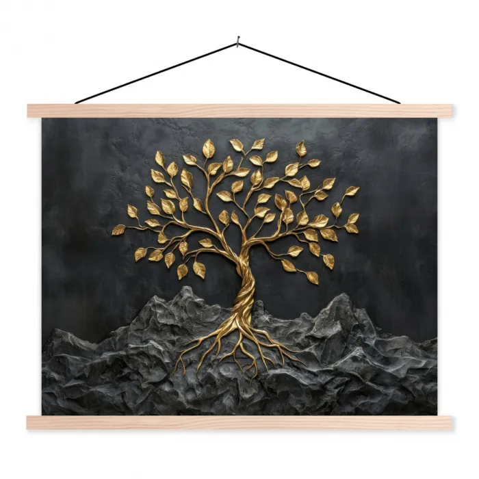 Bladeren - Goud - Boom - Rots textielposter latten blank klein -3d