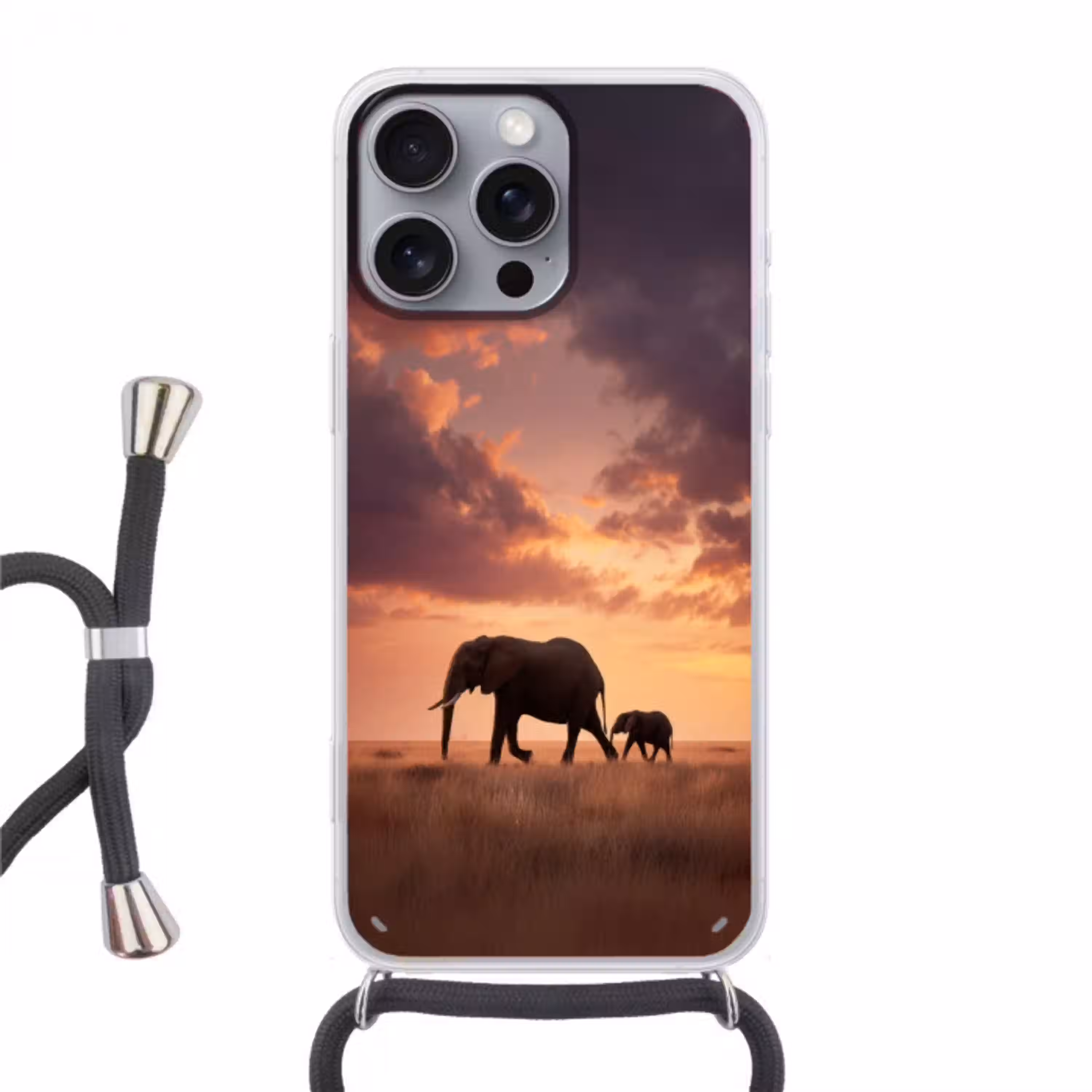 Olifanten - Grasland - Zonsondergang Hoesje iPhone 16 Pro Max met koord klein -3d
