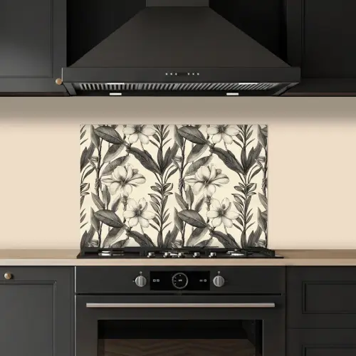 Klassiek - Botanisch - Zwart - Beige keuken achterwand spatscherm klein 900 -sfeer1