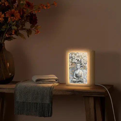 Boeddha - Bloemen - Boom - Goud - Modern Light Box met kabel (Tafellamp) klein -sfeer4