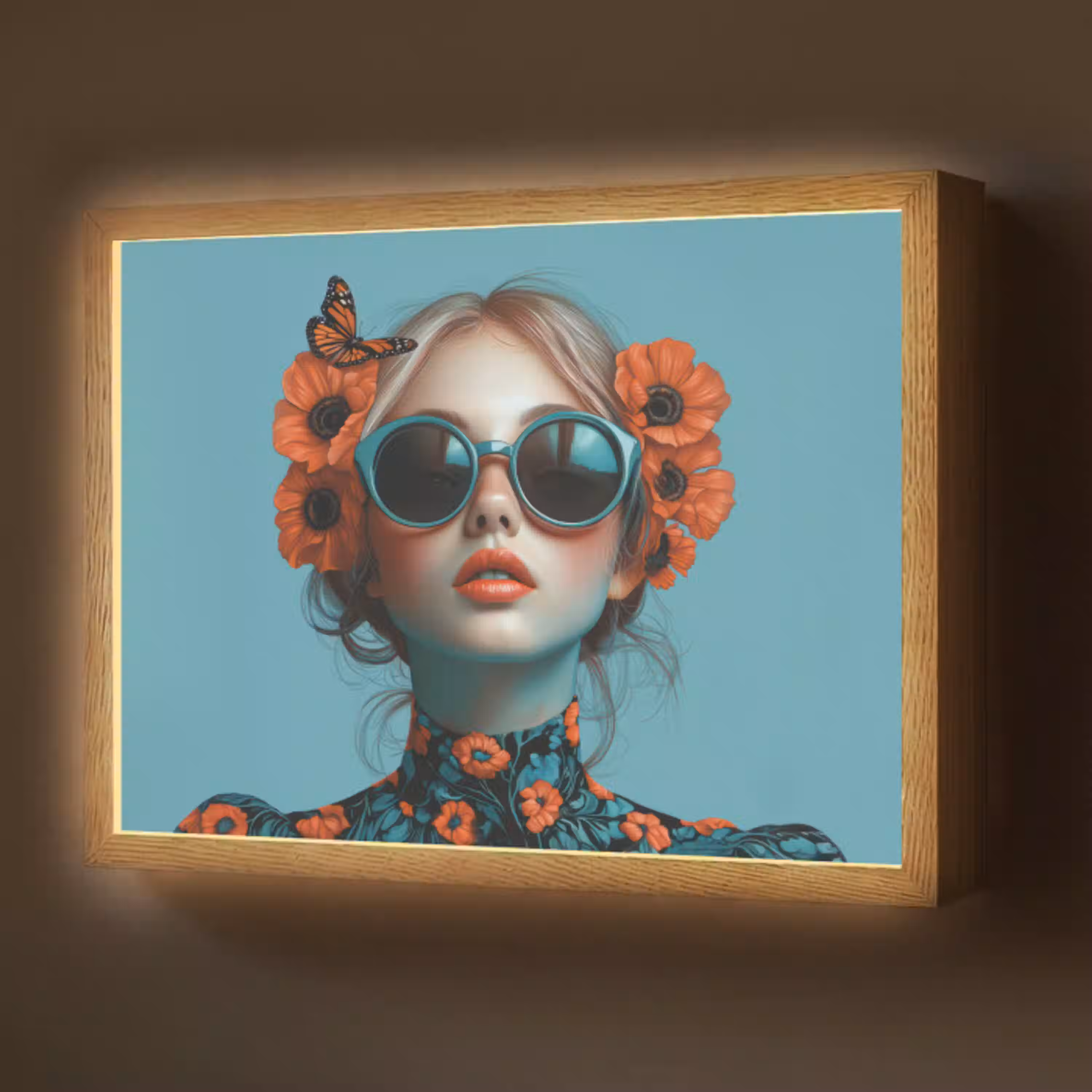 Vrouw - Blauw - Vlinder - Bloemen - Aesthetic Light Box met batterij (Wandlamp) middel -z3d_website