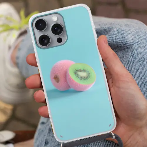 Kiwi - Blauw - Surrealistisch Hoesje iPhone 16 Pro Max met koord klein -sfeer3