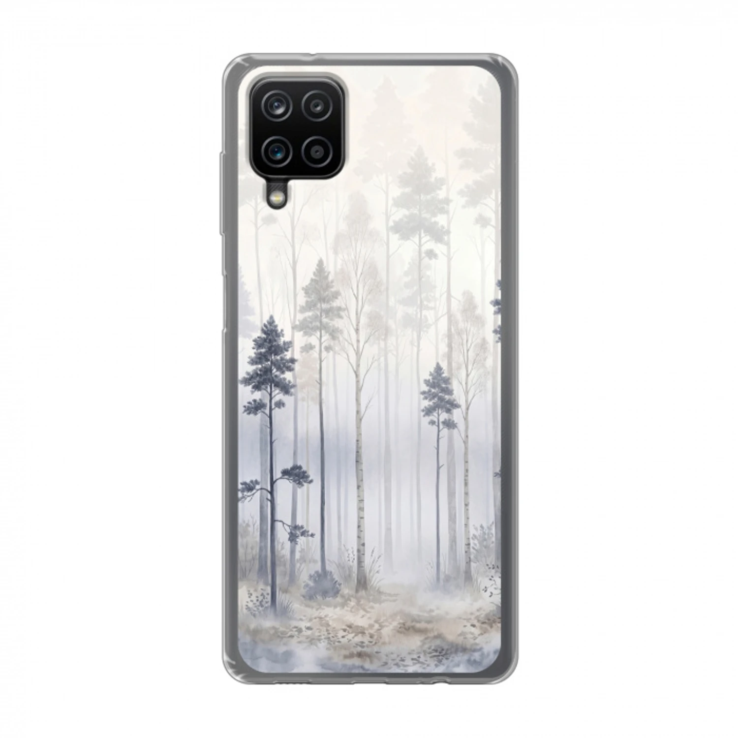 Bos - Bomen - Mist - Natuur - Illustratie - Grijs Telefoonhoesje Samsung Galaxy A12 klein -3d