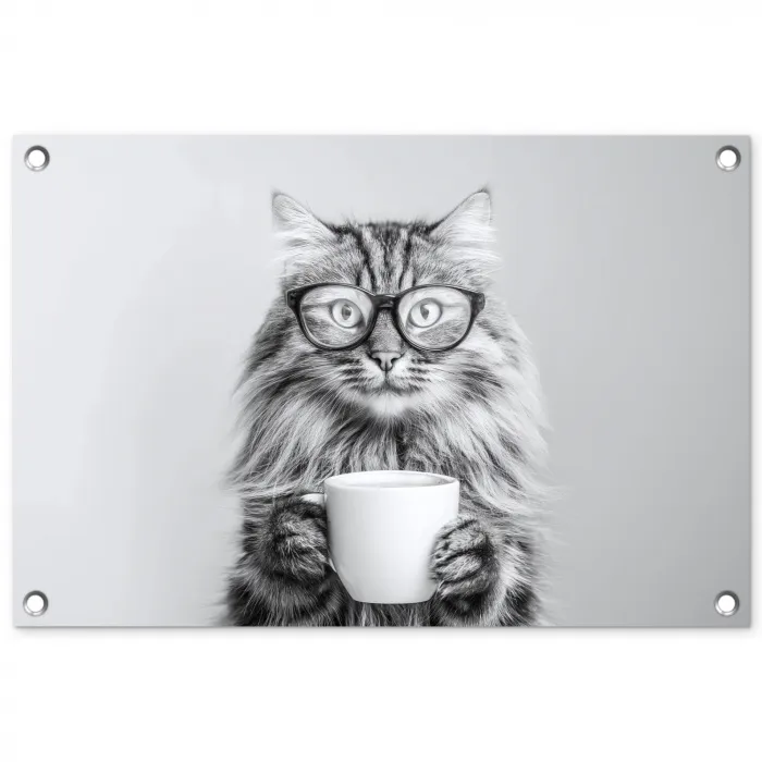 Kat - Bril - Mok - Pluizig tuinposter los doek klein -3d