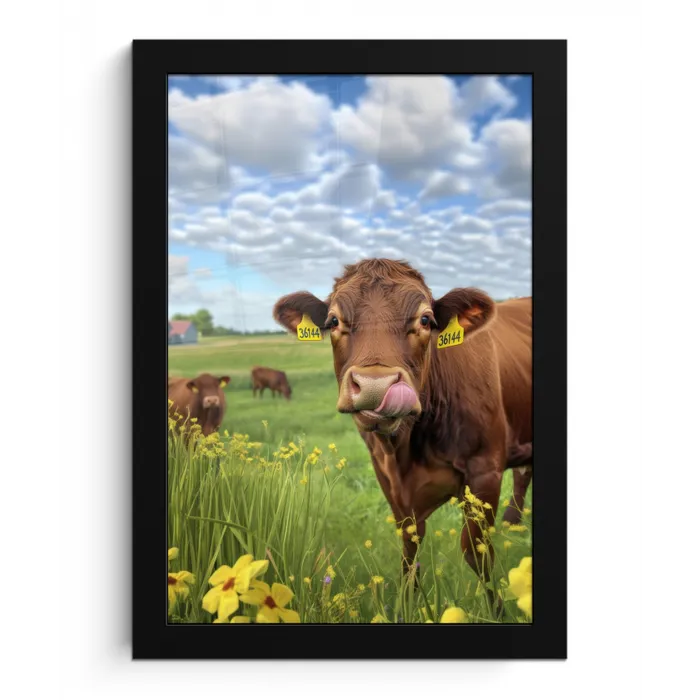 Koe - Weide - Bloemen fotolijst zwart zonder passe partout klein -3d