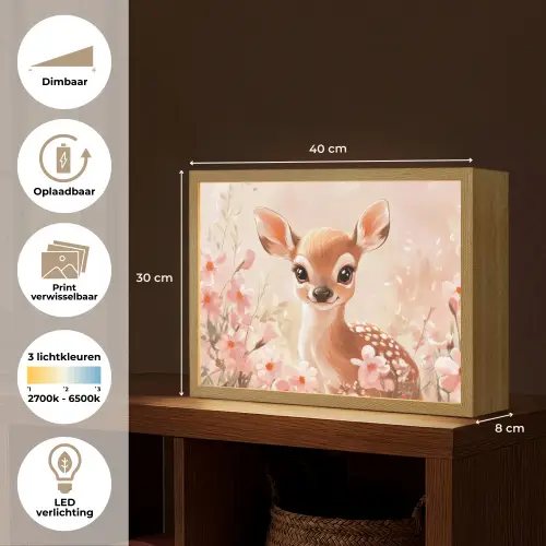 Hertje - Illustratie - Bloemen - Roze Light Box met batterij (Wandlamp kind) middel -USP_websiteoverzichtNL