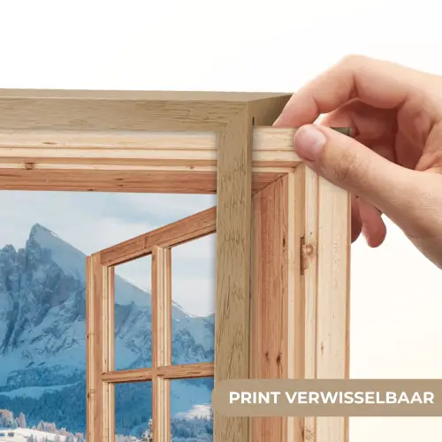 Doorkijk - Winterlandschap - Huisje - Bergen - Uitzicht Light Box met batterij (Wandlamp) middel -USP_websiteprintNL