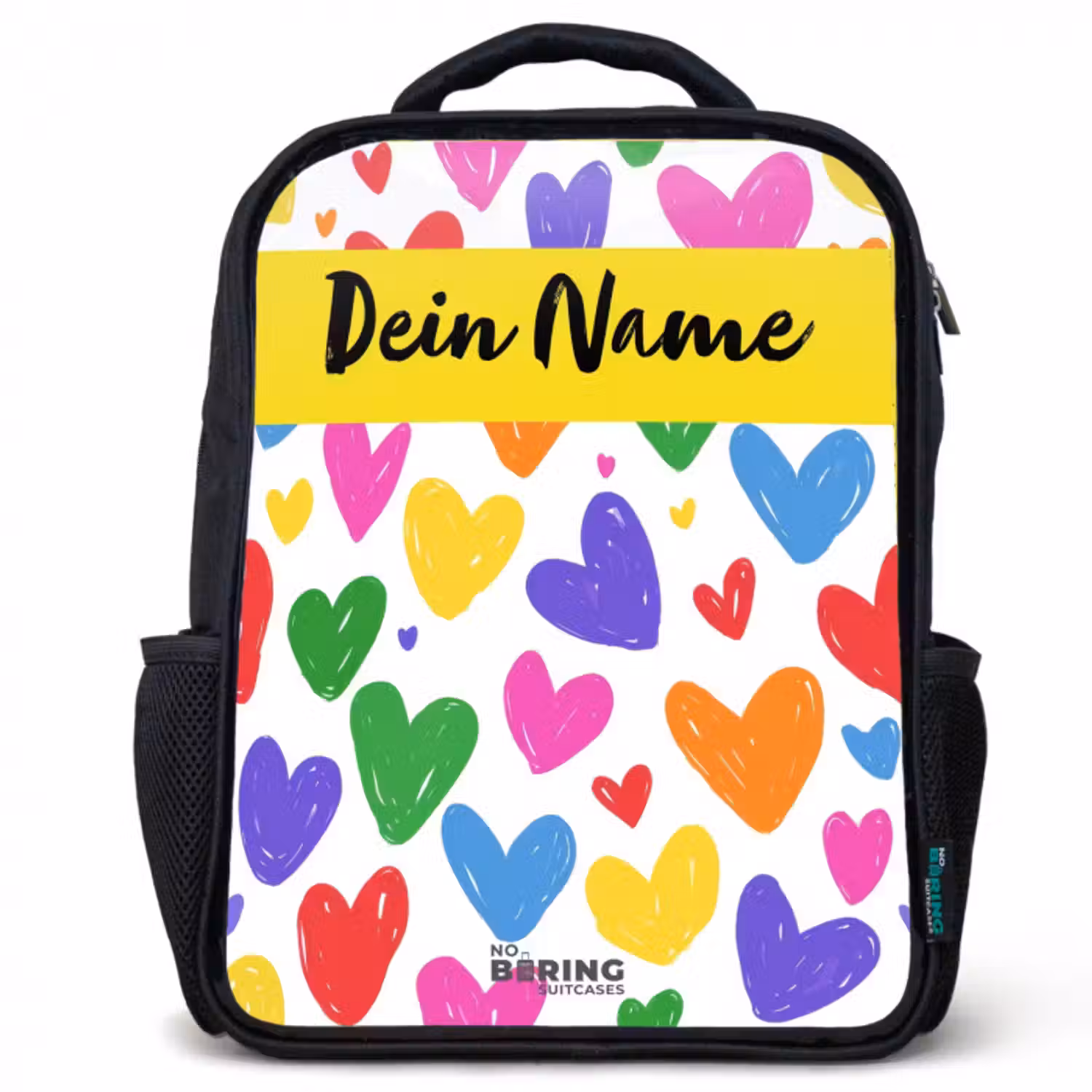 Kinderrucksack mit Namen - Schwarz - Herzen - Muster - Farbenfroh