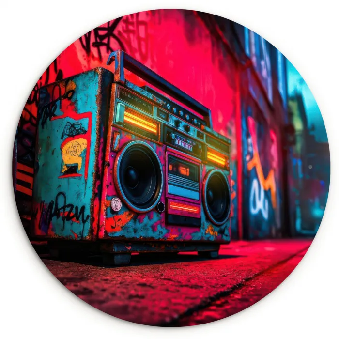 Boombox - Rood - Graffiti - Neon Wandcirkel plexiglas klein -3d