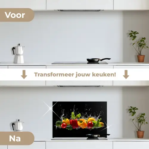 Paprika - Water - Groente - Zwart keuken achterwand spatscherm klein -voor_na_NL