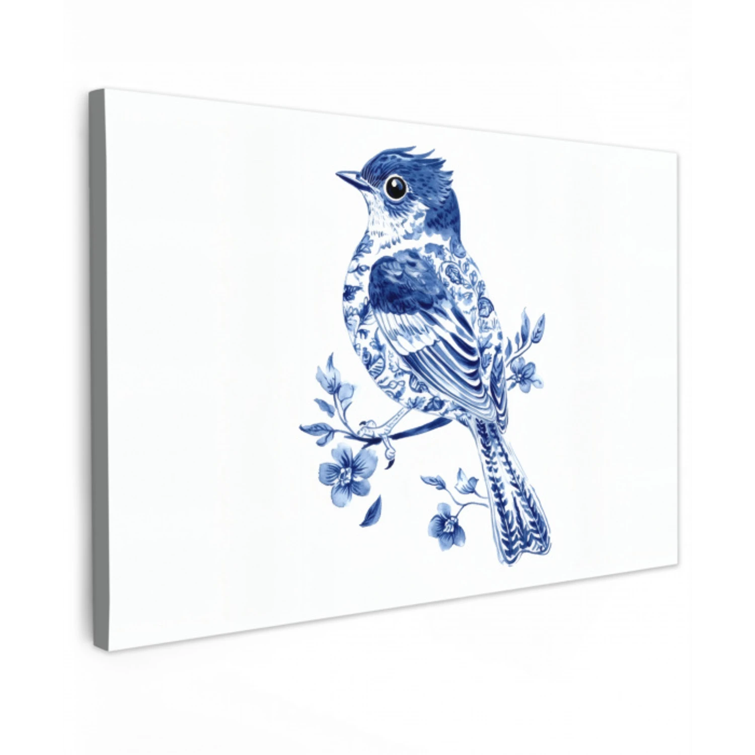Vogel - Delfts blauw - Illustratie - Bloemen Tuinposter op houten frame 2 cm dik klein -3d