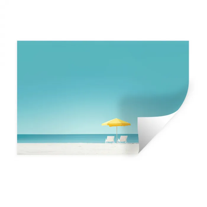 Strand - Blauwe lucht - Geel - Parasol Muursticker klein -3d