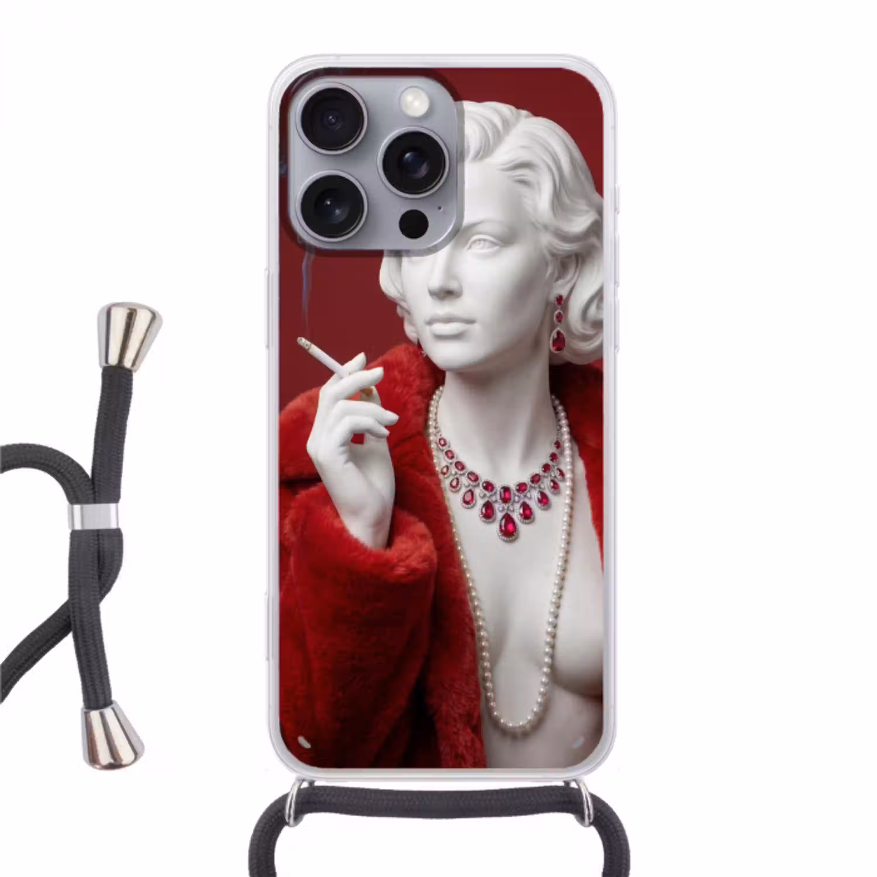 Vrouw - Bontjas - Mode - Klassiek - Rood Hoesje iPhone 16 Pro Max met koord klein -3d