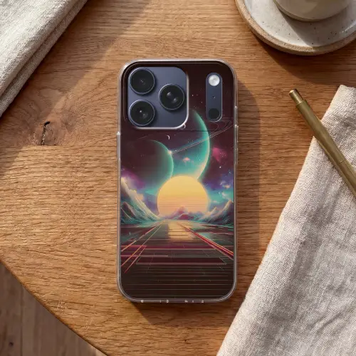 Planeten - Neon - Berglandschap - Zon Telefoonhoesje iPhone 17 Pro klein -sfeer1