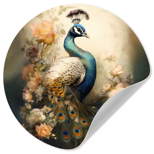Pauw - Pauwenveren - Bloemen - Vogels - Botanisch Wandcirkel behangsticker klein -3d