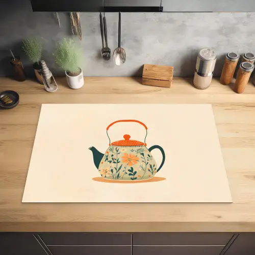 Oranje - Theepot - Bloemen - Bladeren Inductie beschermer vinyl 3mm klein -sfeer5