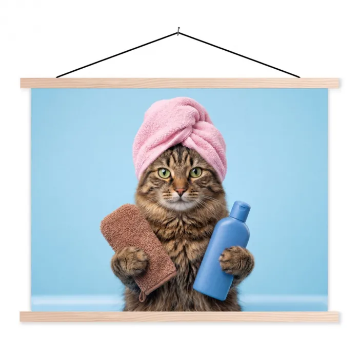 Kat - Handdoek - Washand - Zeep textielposter latten blank klein -3d