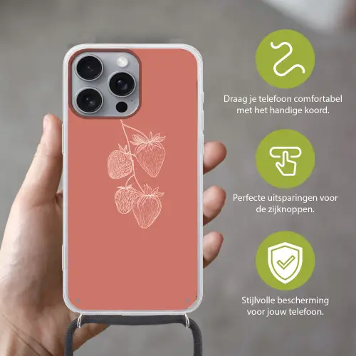 Minimalistisch - Illustratie - Aardbei - Tak Hoesje iPhone 16 Pro Max met koord klein -sfeer2_NL