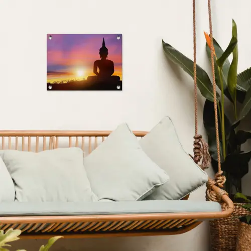 Zonsondergang - Horizon - Boeddha beeld - Buddha -  Silhouette tuinposter los doek klein -sfeer7
