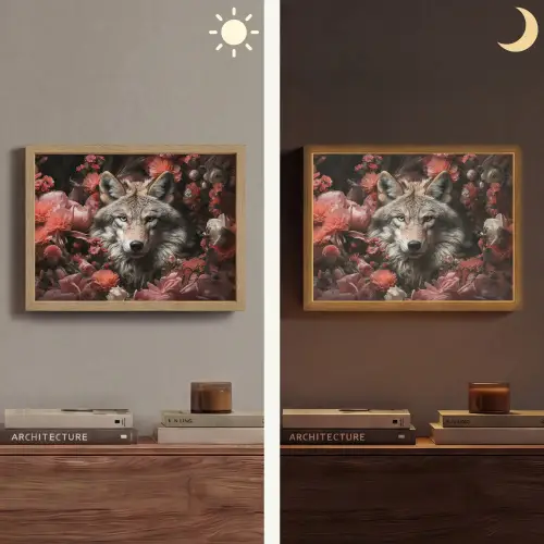Wolf - Dier - Bloemen - Botanisch - Natuur - Fantasie Light Box met batterij (Wandlamp) middel -sfeer3