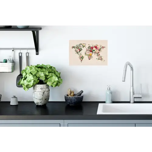 Wereldkaart - Bloemen - Roze Muursticker klein -keuken